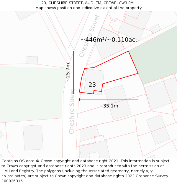 23, CHESHIRE STREET, AUDLEM, CREWE, CW3 0AH: Plot and title map