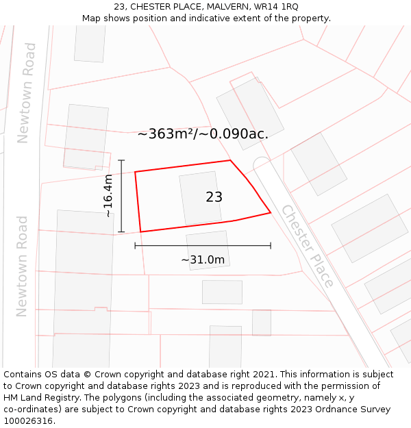 23, CHESTER PLACE, MALVERN, WR14 1RQ: Plot and title map