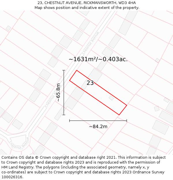 23, CHESTNUT AVENUE, RICKMANSWORTH, WD3 4HA: Plot and title map