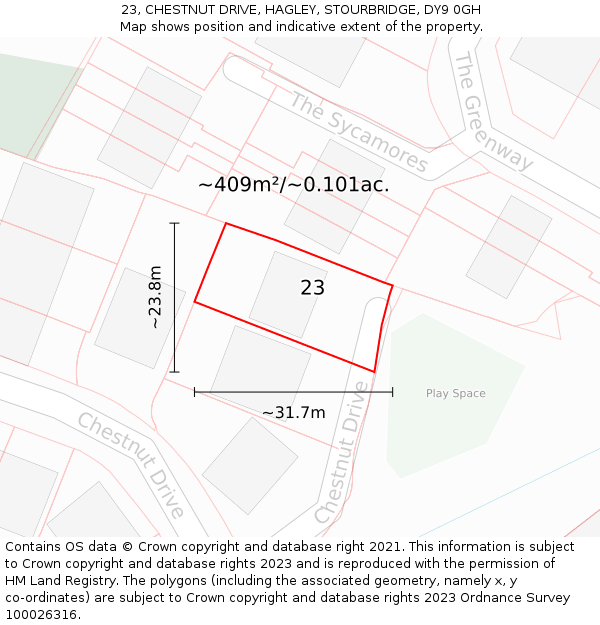 23, CHESTNUT DRIVE, HAGLEY, STOURBRIDGE, DY9 0GH: Plot and title map