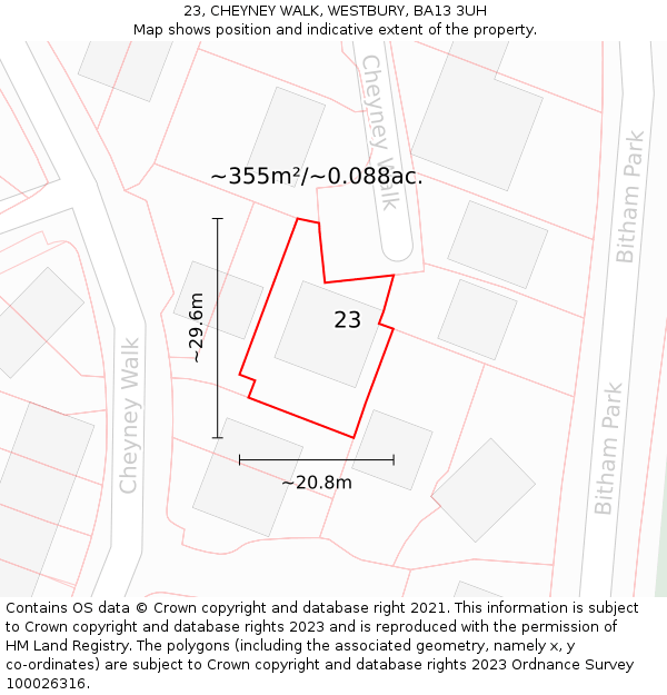 23, CHEYNEY WALK, WESTBURY, BA13 3UH: Plot and title map