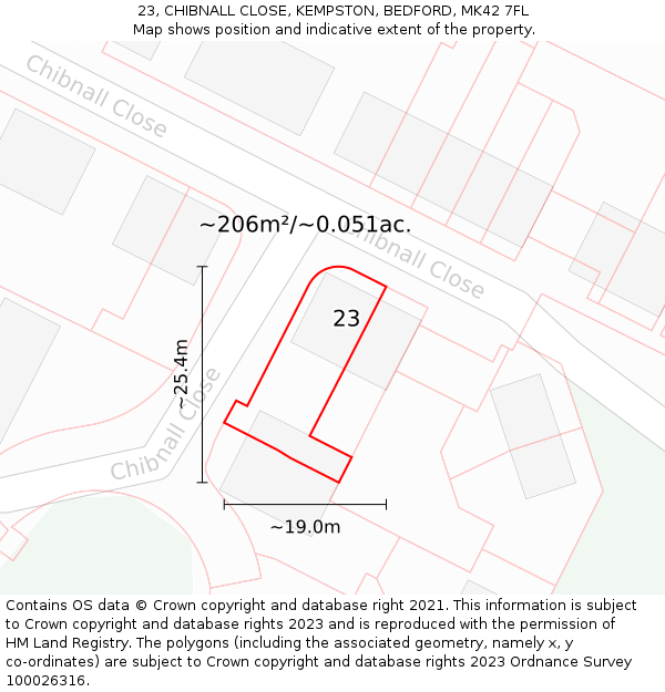 23, CHIBNALL CLOSE, KEMPSTON, BEDFORD, MK42 7FL: Plot and title map