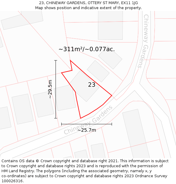 23, CHINEWAY GARDENS, OTTERY ST MARY, EX11 1JG: Plot and title map