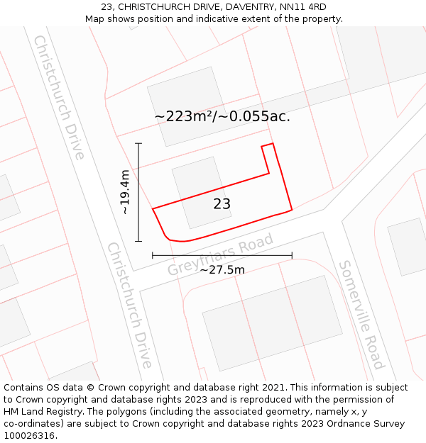 23, CHRISTCHURCH DRIVE, DAVENTRY, NN11 4RD: Plot and title map