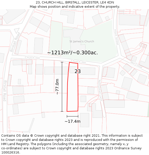 23, CHURCH HILL, BIRSTALL, LEICESTER, LE4 4DN: Plot and title map