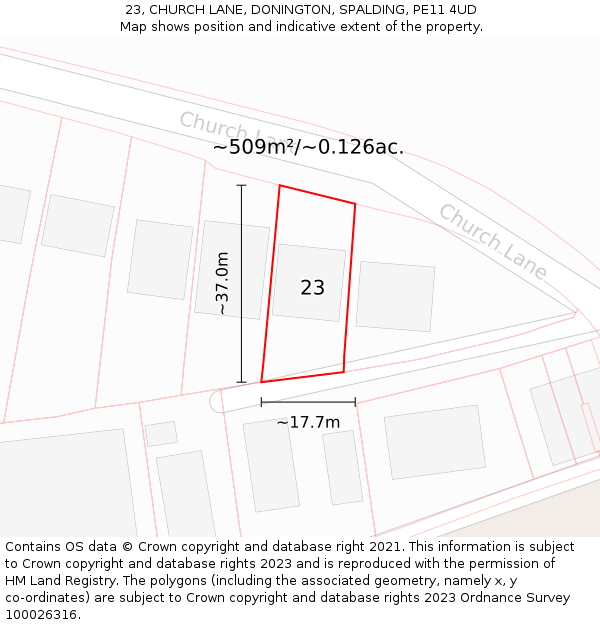 23, CHURCH LANE, DONINGTON, SPALDING, PE11 4UD: Plot and title map