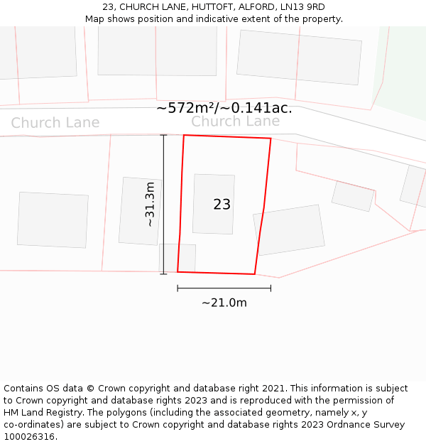 23, CHURCH LANE, HUTTOFT, ALFORD, LN13 9RD: Plot and title map