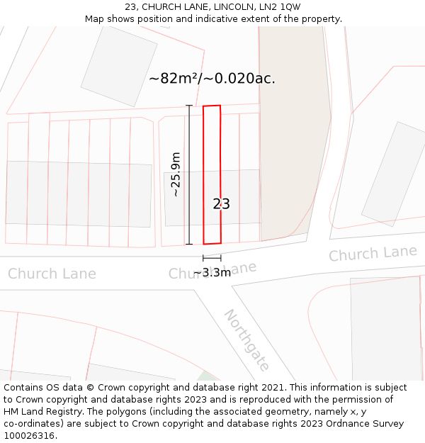 23, CHURCH LANE, LINCOLN, LN2 1QW: Plot and title map