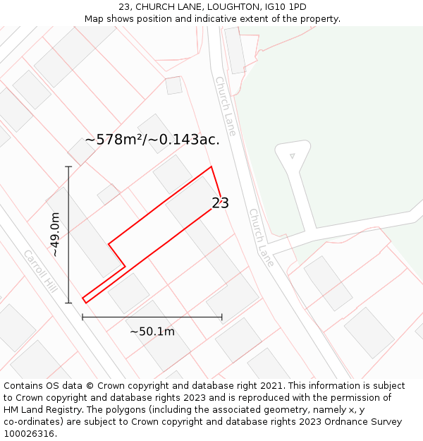 23, CHURCH LANE, LOUGHTON, IG10 1PD: Plot and title map