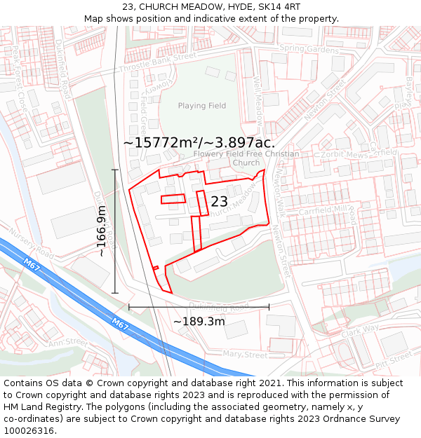 23, CHURCH MEADOW, HYDE, SK14 4RT: Plot and title map