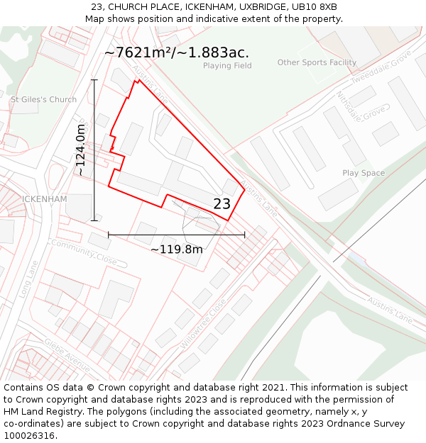 23, CHURCH PLACE, ICKENHAM, UXBRIDGE, UB10 8XB: Plot and title map