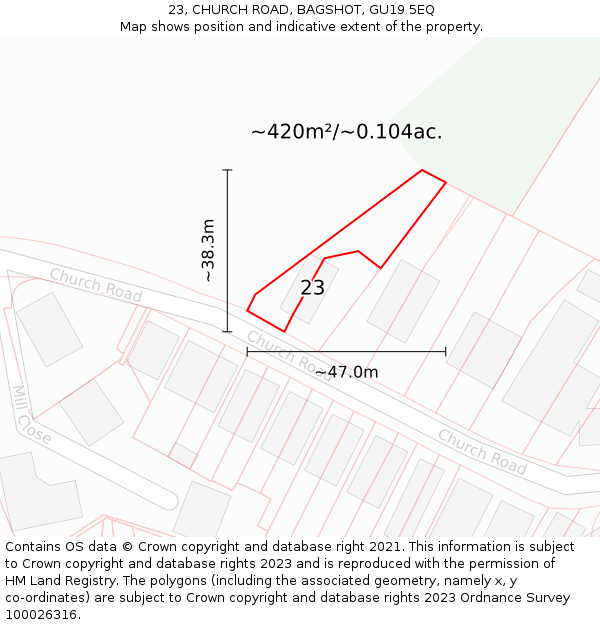 23, CHURCH ROAD, BAGSHOT, GU19 5EQ: Plot and title map