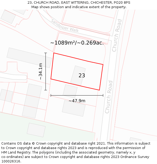 23, CHURCH ROAD, EAST WITTERING, CHICHESTER, PO20 8PS: Plot and title map