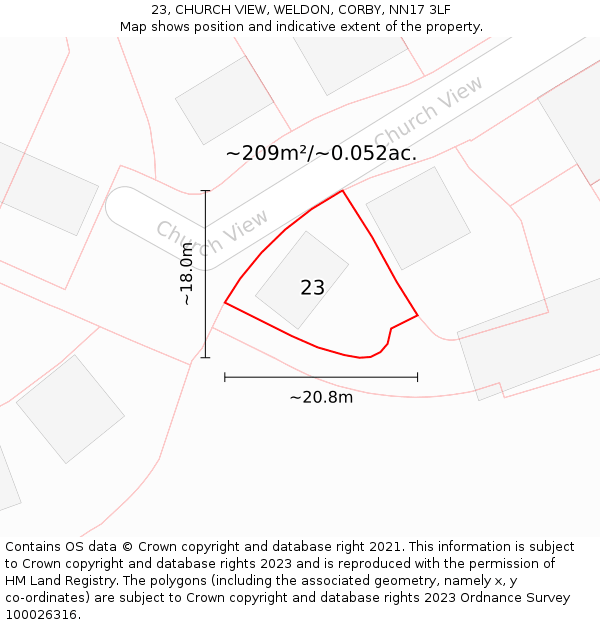 23, CHURCH VIEW, WELDON, CORBY, NN17 3LF: Plot and title map