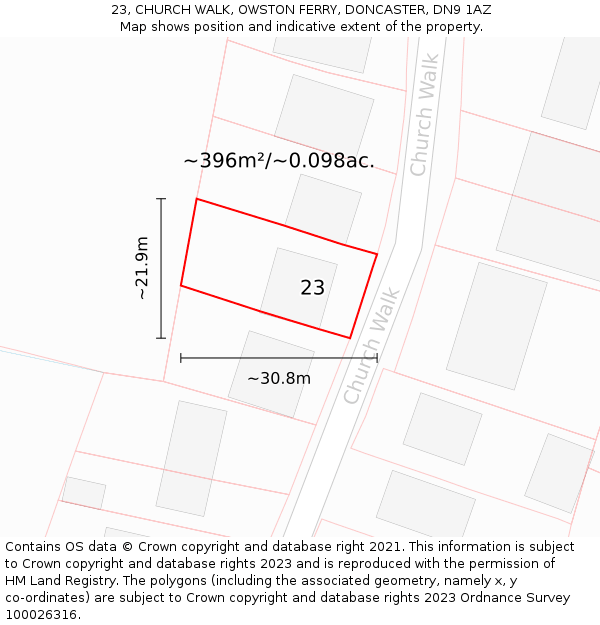 23, CHURCH WALK, OWSTON FERRY, DONCASTER, DN9 1AZ: Plot and title map