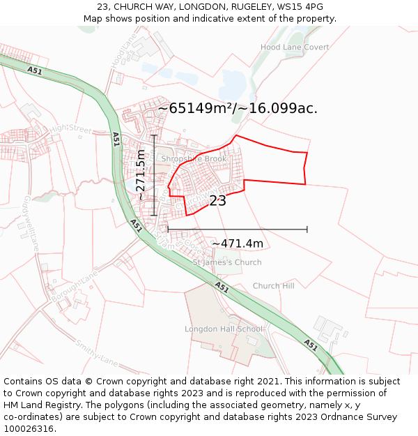 23, CHURCH WAY, LONGDON, RUGELEY, WS15 4PG: Plot and title map