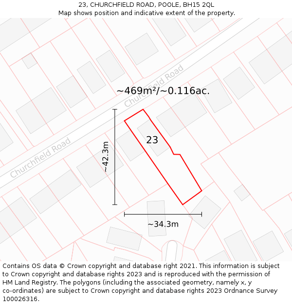 23, CHURCHFIELD ROAD, POOLE, BH15 2QL: Plot and title map