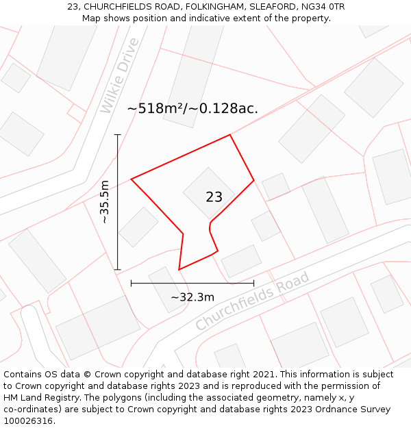 23, CHURCHFIELDS ROAD, FOLKINGHAM, SLEAFORD, NG34 0TR: Plot and title map