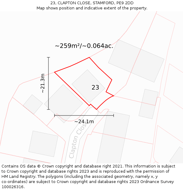 23, CLAPTON CLOSE, STAMFORD, PE9 2DD: Plot and title map