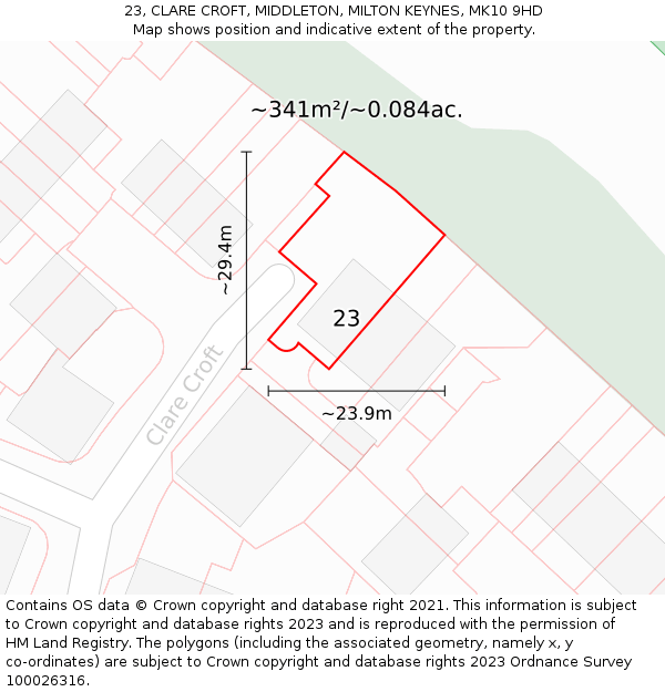 23, CLARE CROFT, MIDDLETON, MILTON KEYNES, MK10 9HD: Plot and title map