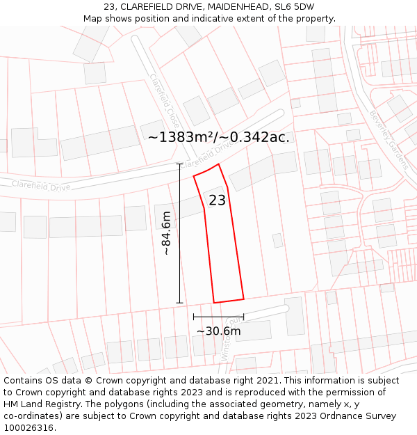 23, CLAREFIELD DRIVE, MAIDENHEAD, SL6 5DW: Plot and title map