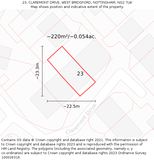 23, CLAREMONT DRIVE, WEST BRIDGFORD, NOTTINGHAM, NG2 7LW: Plot and title map