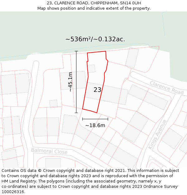 23, CLARENCE ROAD, CHIPPENHAM, SN14 0UH: Plot and title map