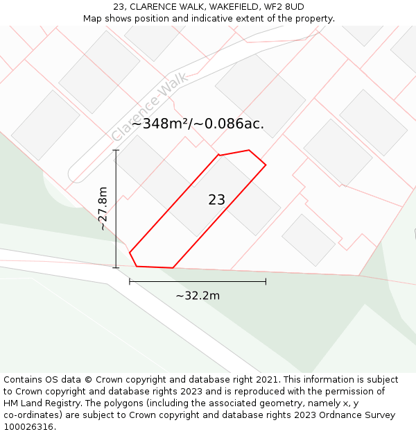 23, CLARENCE WALK, WAKEFIELD, WF2 8UD: Plot and title map