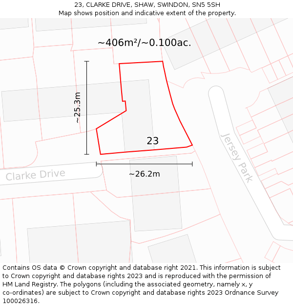 23, CLARKE DRIVE, SHAW, SWINDON, SN5 5SH: Plot and title map