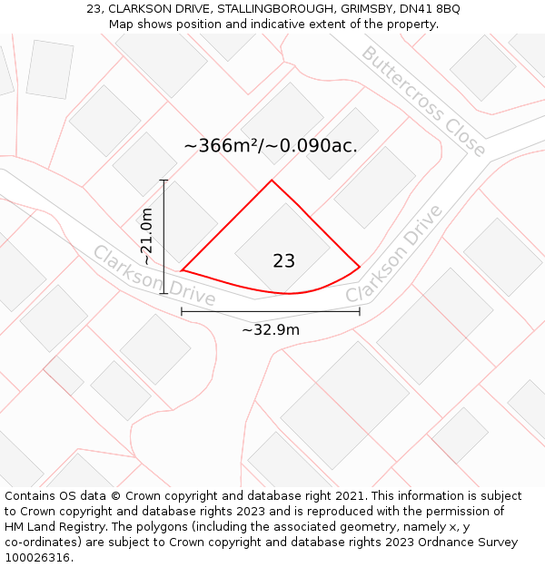 23, CLARKSON DRIVE, STALLINGBOROUGH, GRIMSBY, DN41 8BQ: Plot and title map