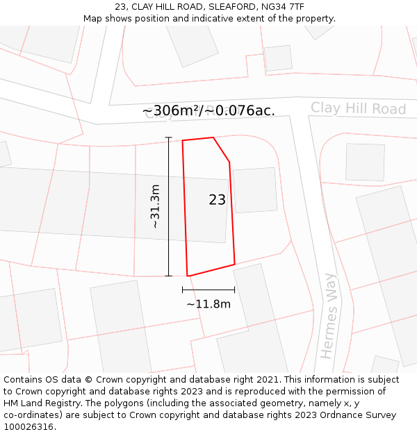 23, CLAY HILL ROAD, SLEAFORD, NG34 7TF: Plot and title map