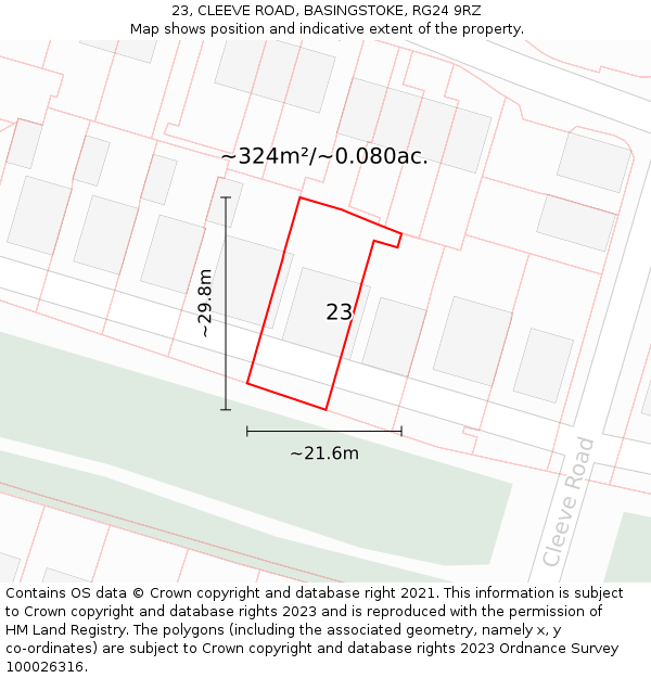 23, CLEEVE ROAD, BASINGSTOKE, RG24 9RZ: Plot and title map