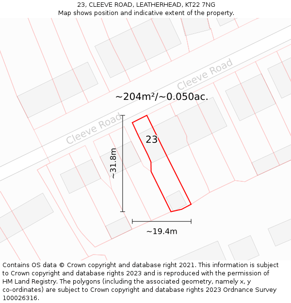 23, CLEEVE ROAD, LEATHERHEAD, KT22 7NG: Plot and title map