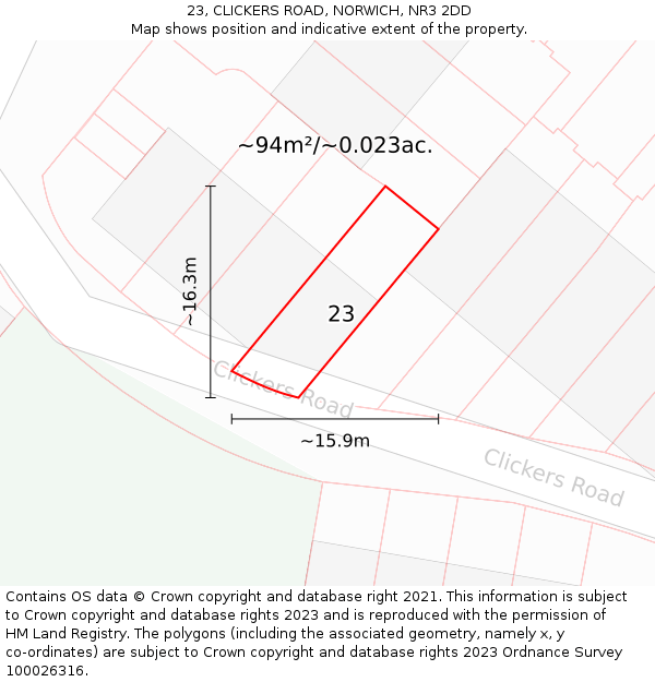 23, CLICKERS ROAD, NORWICH, NR3 2DD: Plot and title map