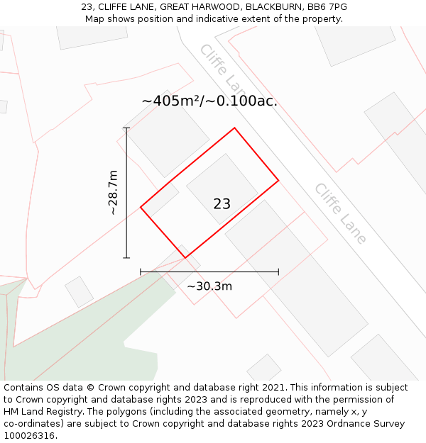 23, CLIFFE LANE, GREAT HARWOOD, BLACKBURN, BB6 7PG: Plot and title map