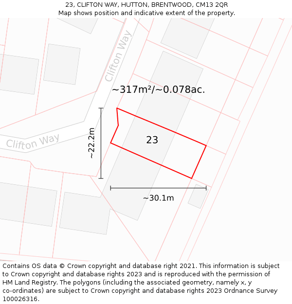 23, CLIFTON WAY, HUTTON, BRENTWOOD, CM13 2QR: Plot and title map