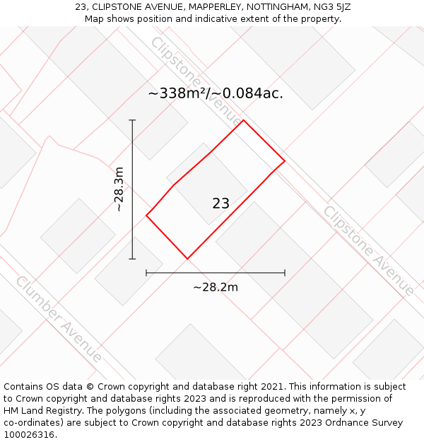 23, CLIPSTONE AVENUE, MAPPERLEY, NOTTINGHAM, NG3 5JZ: Plot and title map