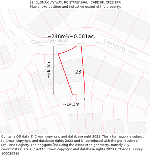 23, CLONAKILTY WAY, PONTPRENNAU, CARDIFF, CF23 8PR: Plot and title map