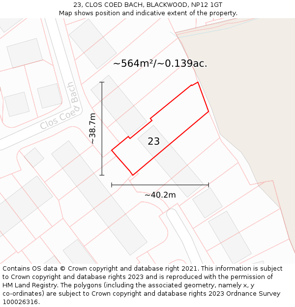 23, CLOS COED BACH, BLACKWOOD, NP12 1GT: Plot and title map