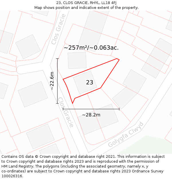 23, CLOS GRACIE, RHYL, LL18 4FJ: Plot and title map