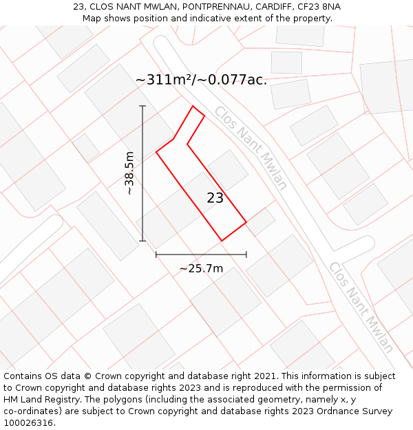 23, CLOS NANT MWLAN, PONTPRENNAU, CARDIFF, CF23 8NA: Plot and title map