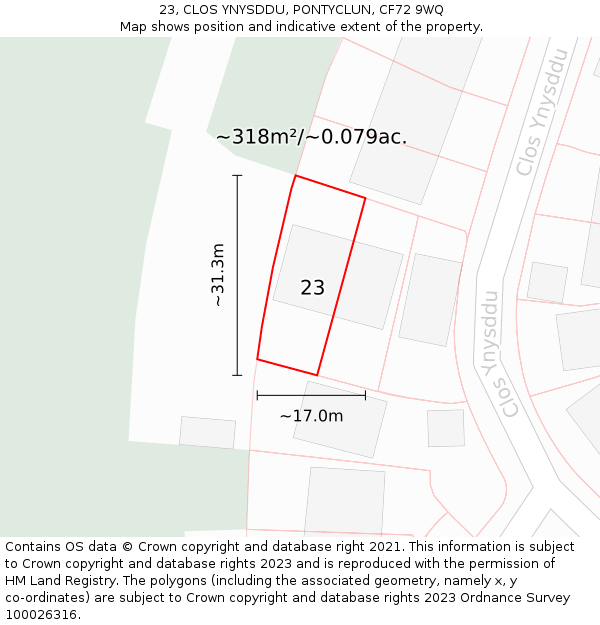 23, CLOS YNYSDDU, PONTYCLUN, CF72 9WQ: Plot and title map