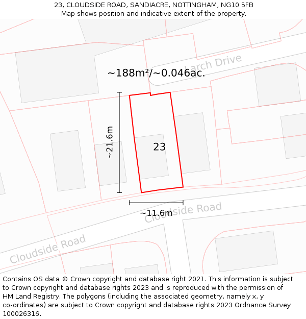 23, CLOUDSIDE ROAD, SANDIACRE, NOTTINGHAM, NG10 5FB: Plot and title map