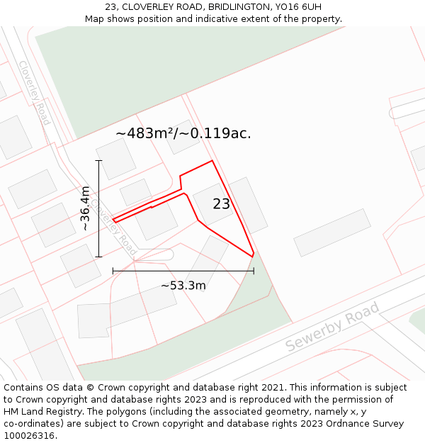 23, CLOVERLEY ROAD, BRIDLINGTON, YO16 6UH: Plot and title map