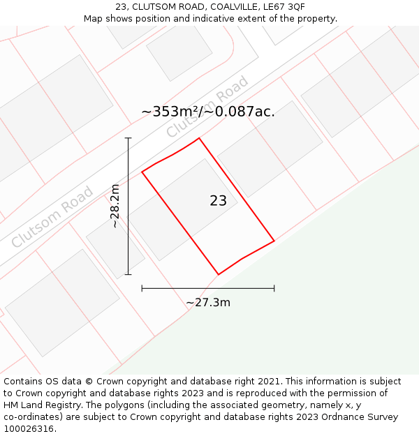 23, CLUTSOM ROAD, COALVILLE, LE67 3QF: Plot and title map