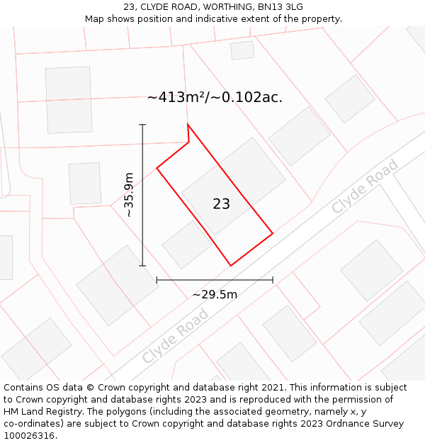 23, CLYDE ROAD, WORTHING, BN13 3LG: Plot and title map