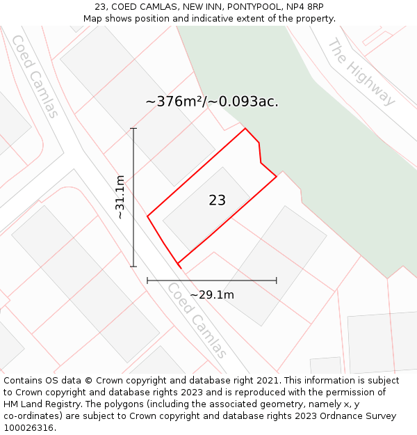 23, COED CAMLAS, NEW INN, PONTYPOOL, NP4 8RP: Plot and title map