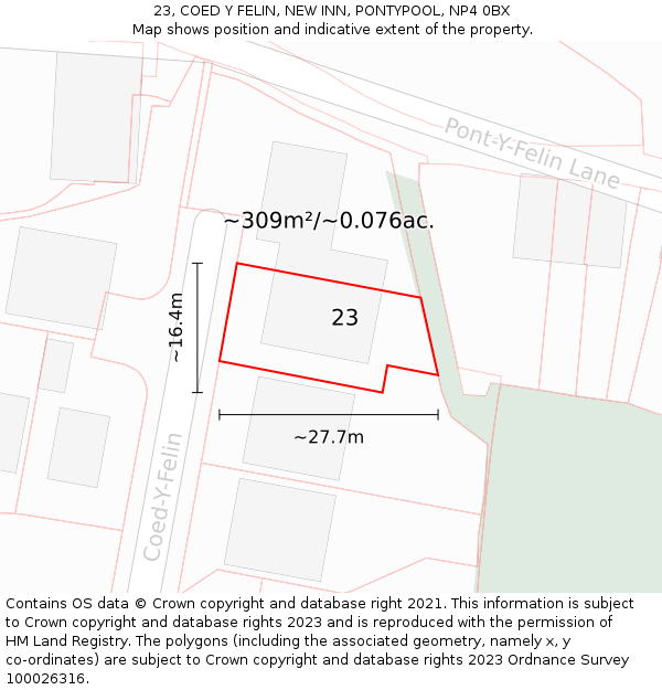 23, COED Y FELIN, NEW INN, PONTYPOOL, NP4 0BX: Plot and title map