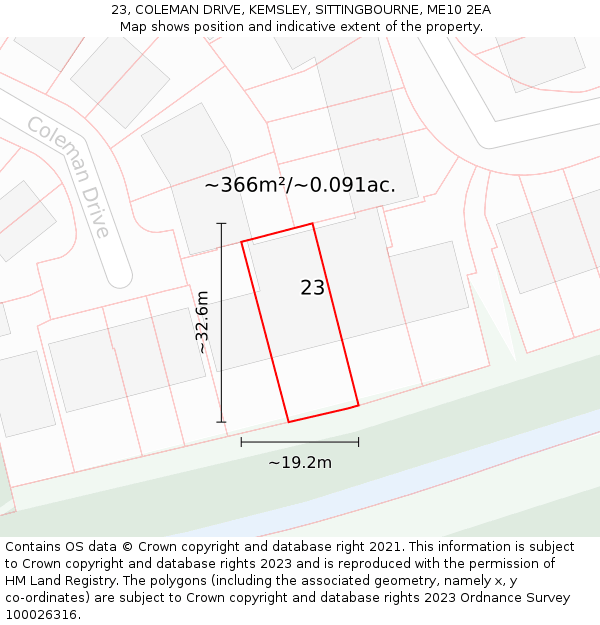 23, COLEMAN DRIVE, KEMSLEY, SITTINGBOURNE, ME10 2EA: Plot and title map