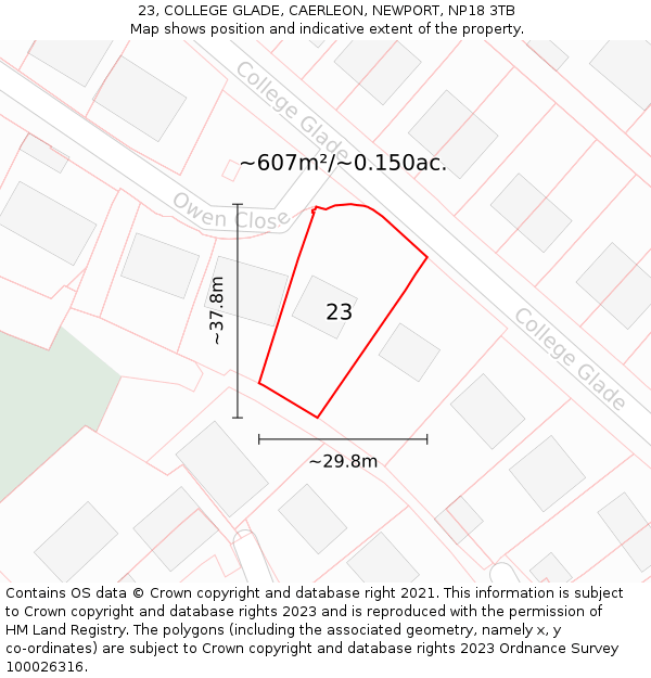 23, COLLEGE GLADE, CAERLEON, NEWPORT, NP18 3TB: Plot and title map